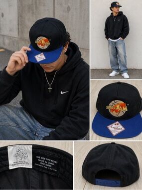 Space Jam Snapback Hat Black Blue Brim Warner Bros Snapback Cap OSFA Y2K Street